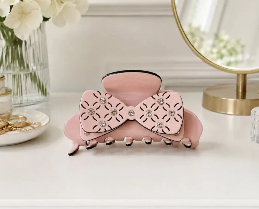 Acetate Pink Rhinestone Bow Hair Claw Clip New